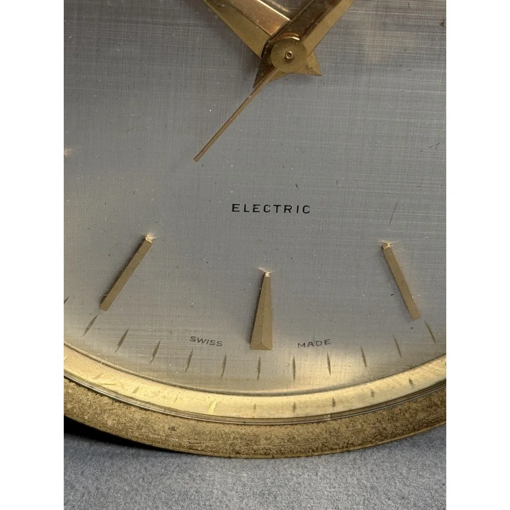 Vtg Sheffield Electric 7-Jewel Solid Brass Desk Clock Swiss Made MCM Working